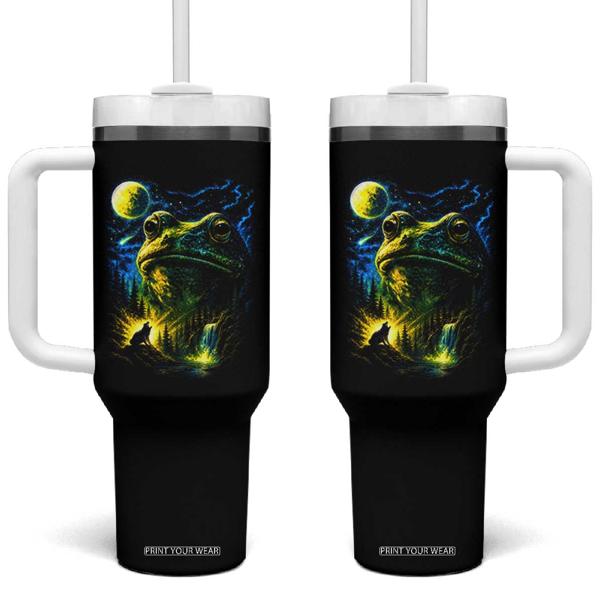 Cosmic Frog Howling At Moon Parody Graphic Tumbler With Handle Vintage 90s Retro Fantasy Meme TS02 One Size: 40 oz Black Print Your Wear