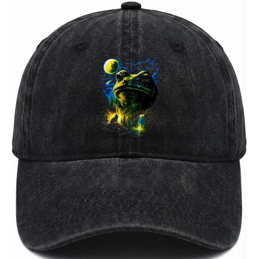 Cosmic Frog Howling At Moon Parody Graphic Washed Cotton Baseball Cap Vintage 90s Retro Fantasy Meme TS02 Print Your Wear
