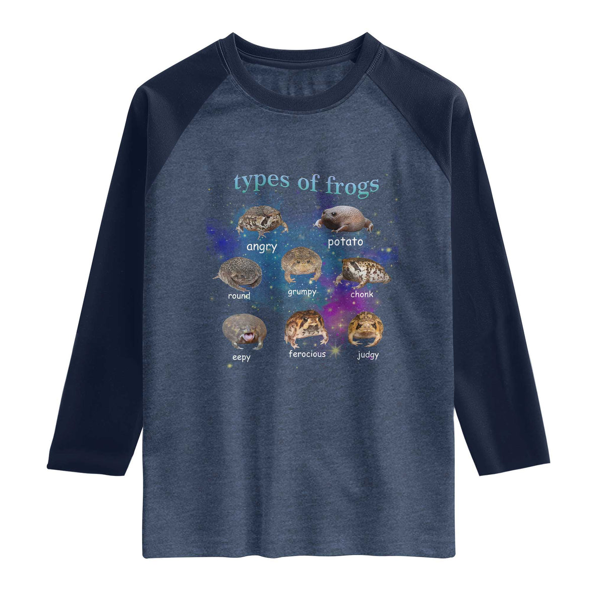 Types Of Frogs Funny Rain Frog Meme Chart Raglan Shirt Angry Grumpy Eepy Chonk Potato Round Judgy Ferocious