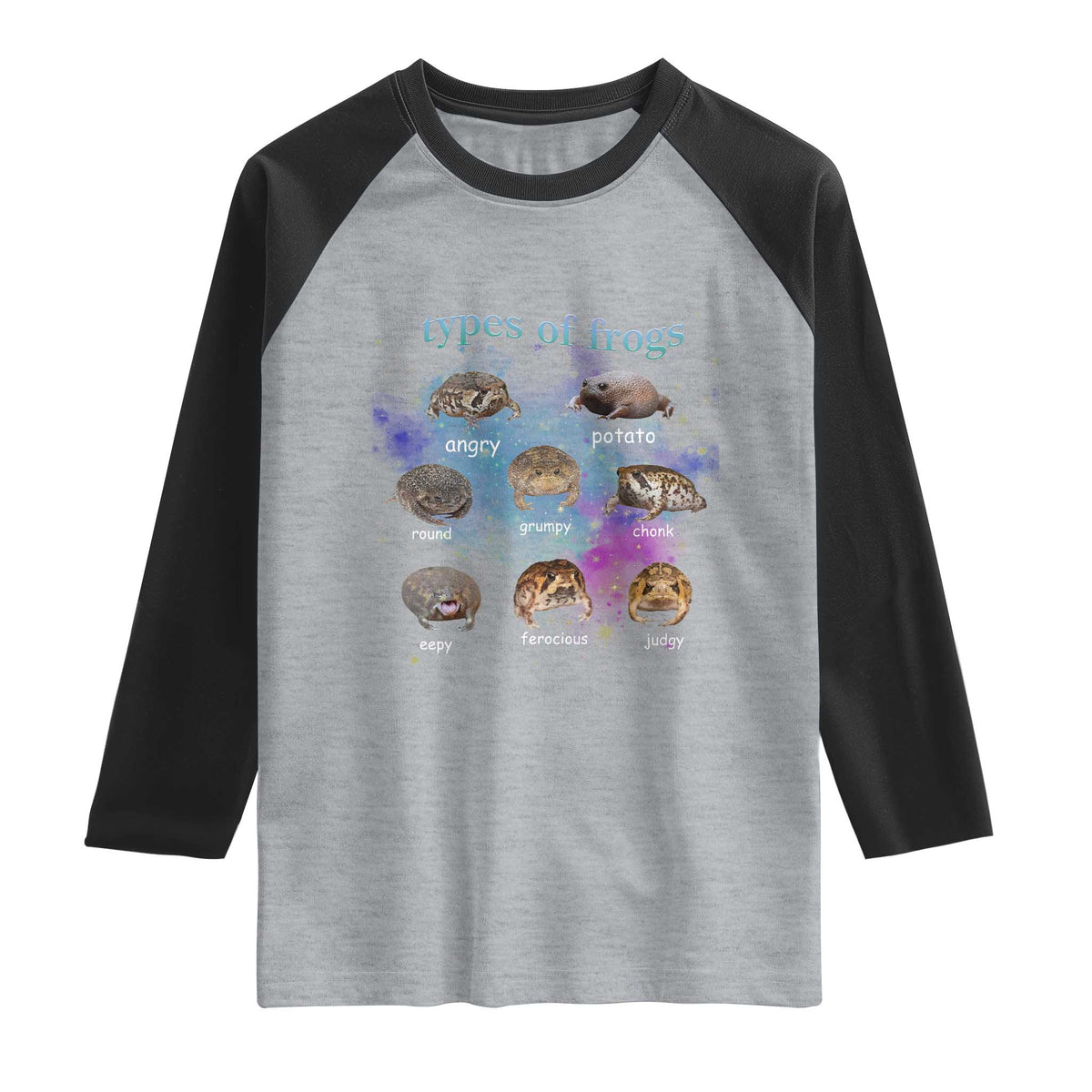Types Of Frogs Funny Rain Frog Meme Chart Raglan Shirt Angry Grumpy Eepy Chonk Potato Round Judgy Ferocious
