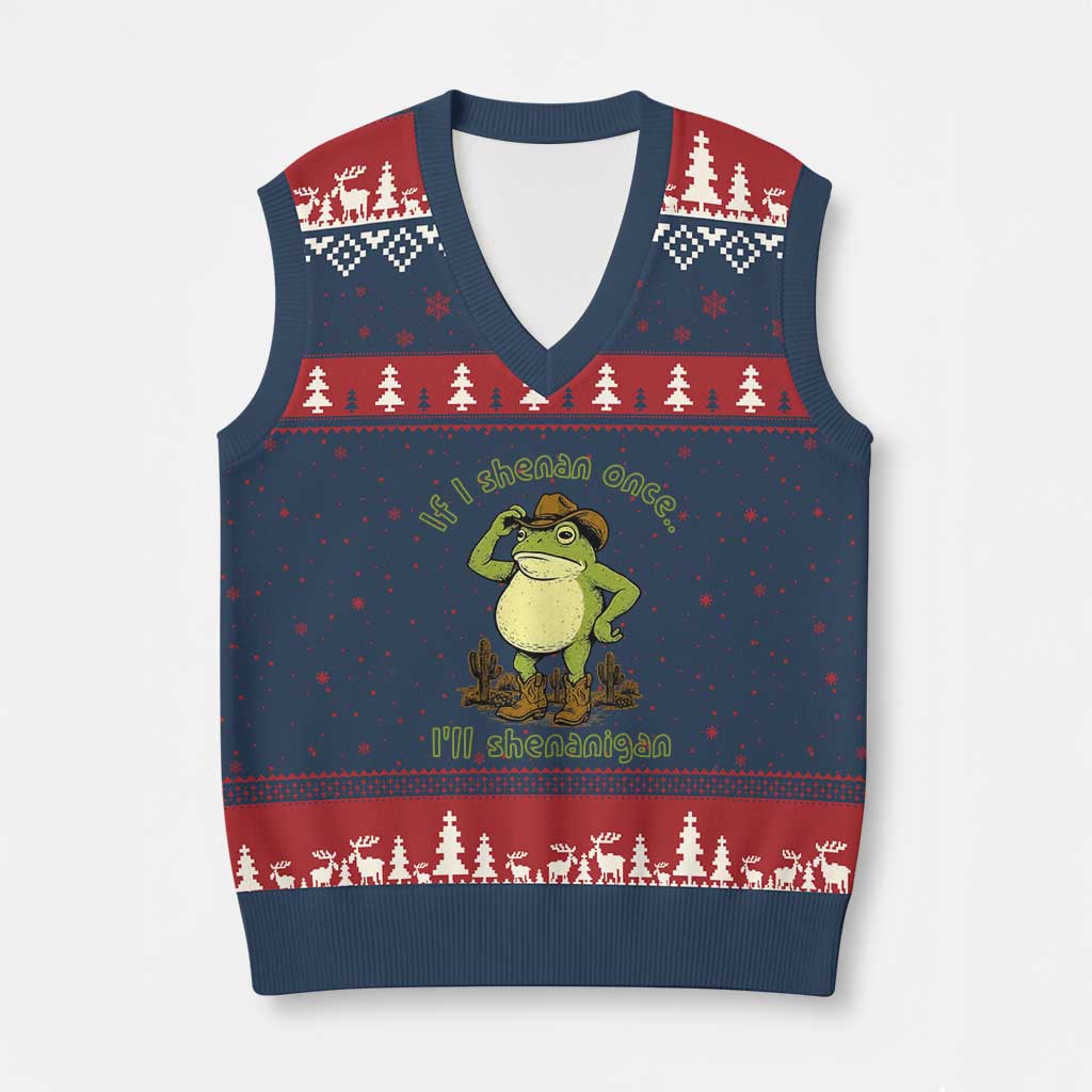 Funny Cowboy Frog Western Meme V-Neck Knit Sweater Vest If I Shenan Once I Will Shenanigan TS02 Navy Red Print Your Wear
