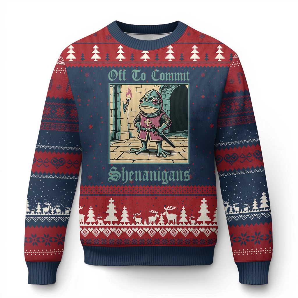 Funny Medieval Frog Knight Fantasy RPG Meme Ugly Christmas Sweater Off To Commit Shenanigans TS02 Navy Red Print Your Wear