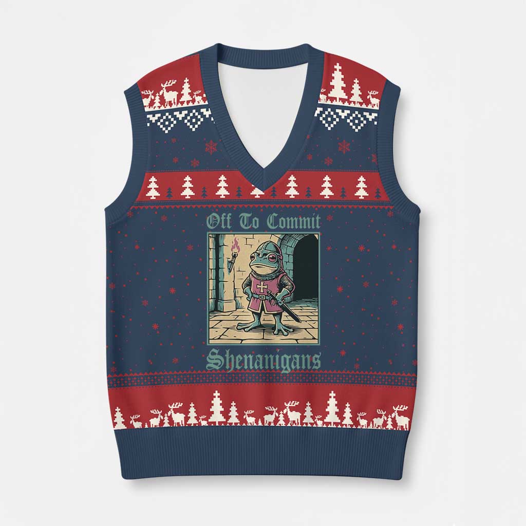 Funny Medieval Frog Knight Fantasy RPG Meme V-Neck Knit Sweater Vest Off To Commit Shenanigans TS02 Navy Red Print Your Wear