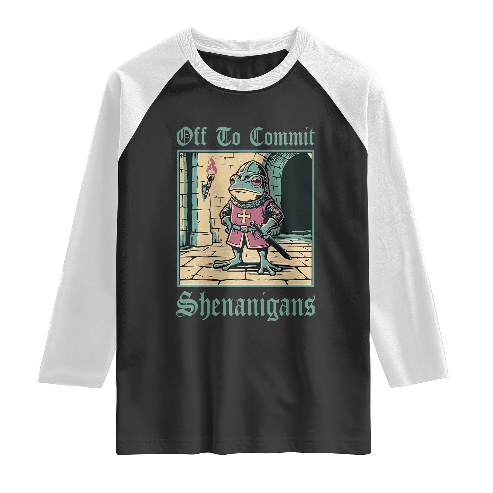 Funny Medieval Frog Knight Fantasy RPG Meme Raglan Shirt Off To Commit Shenanigans TS02 Black White Print Your Wear