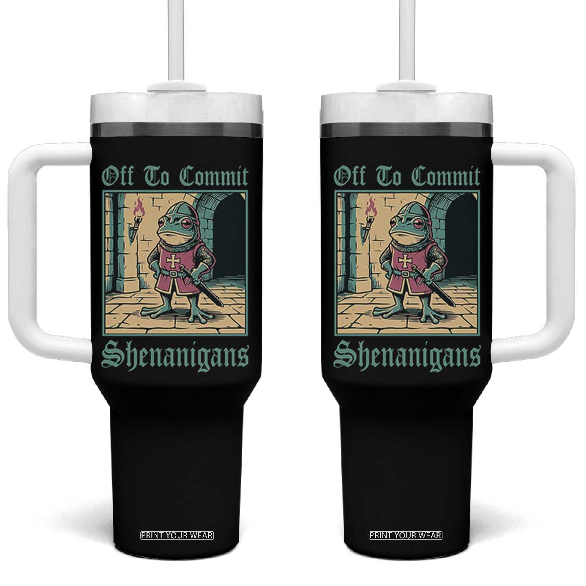 Funny Medieval Frog Knight Fantasy RPG Meme Tumbler With Handle Off To Commit Shenanigans TS02 One Size: 40 oz Black Print Your Wear