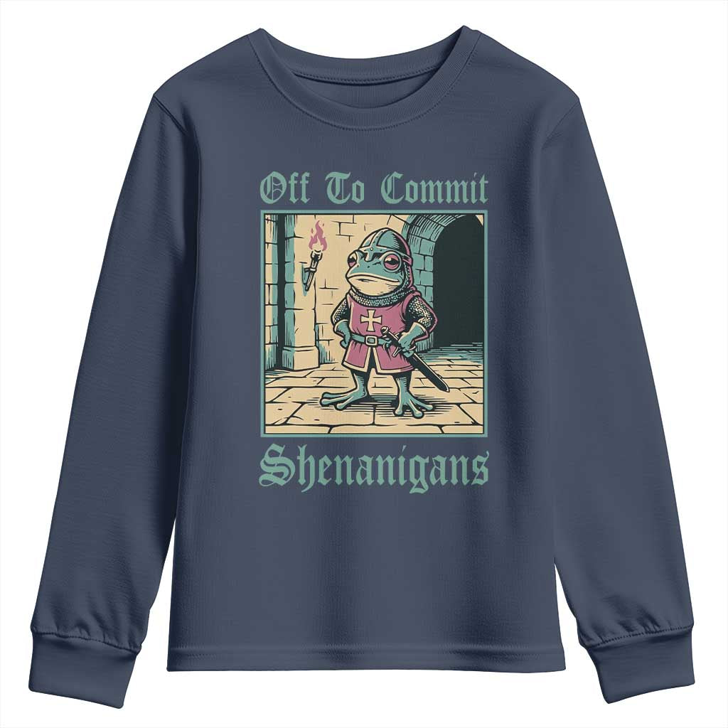 Funny Medieval Frog Knight Fantasy RPG Meme Youth Sweatshirt Off To Commit Shenanigans