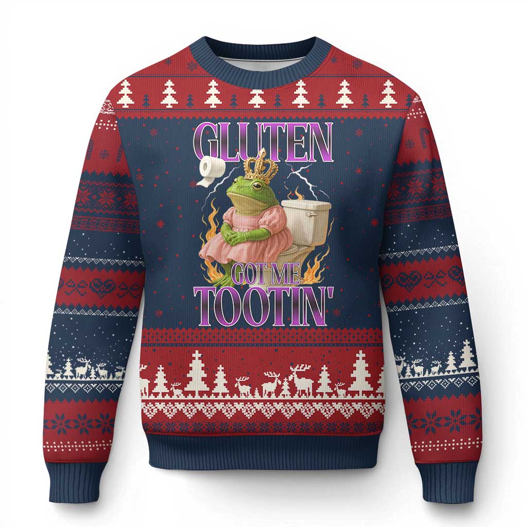 Funny Gluten Free Frog Princess Toilet Meme Ugly Christmas Sweater Gluten Got Me Tootin TS02 Navy Red Print Your Wear