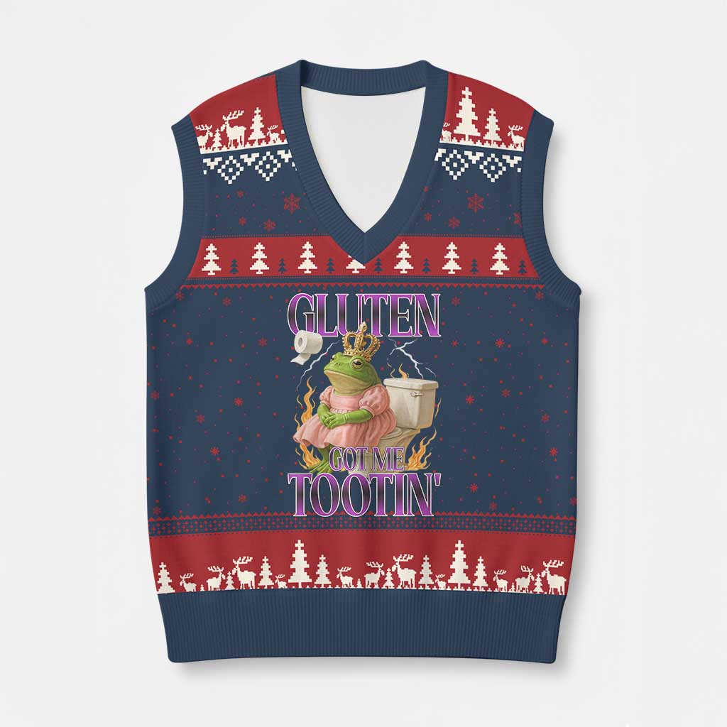 Funny Gluten Free Frog Princess Toilet Meme V-Neck Knit Sweater Vest Gluten Got Me Tootin TS02 Navy Red Print Your Wear
