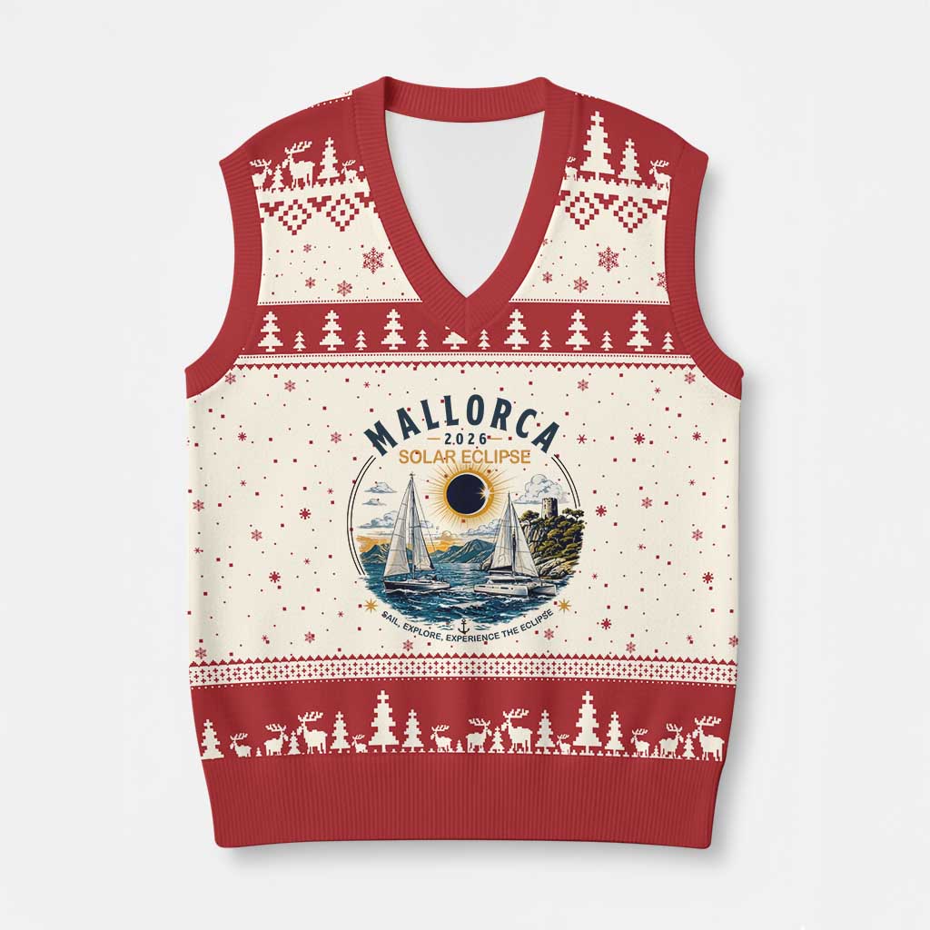 Mallorca Spain 2026 Total Solar Eclipse V-Neck Knit Sweater Vest Sailing Cruise Totality Sail Explore Experience Travel Souvenir TS02 Beige Red Print Your Wear