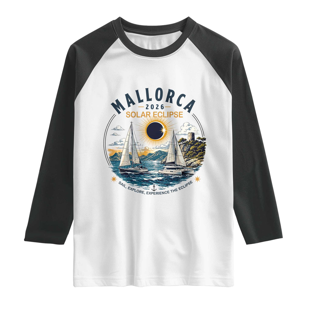 Mallorca Spain 2026 Total Solar Eclipse Raglan Shirt Sailing Cruise Totality Sail Explore Experience Travel Souvenir