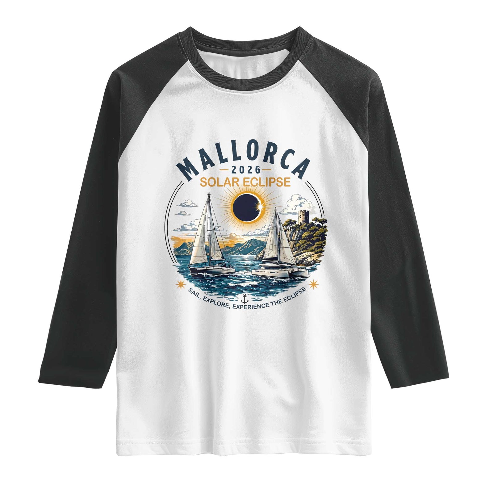Mallorca Spain 2026 Total Solar Eclipse Raglan Shirt Sailing Cruise Totality Sail Explore Experience Travel Souvenir TS02 White Black Print Your Wear