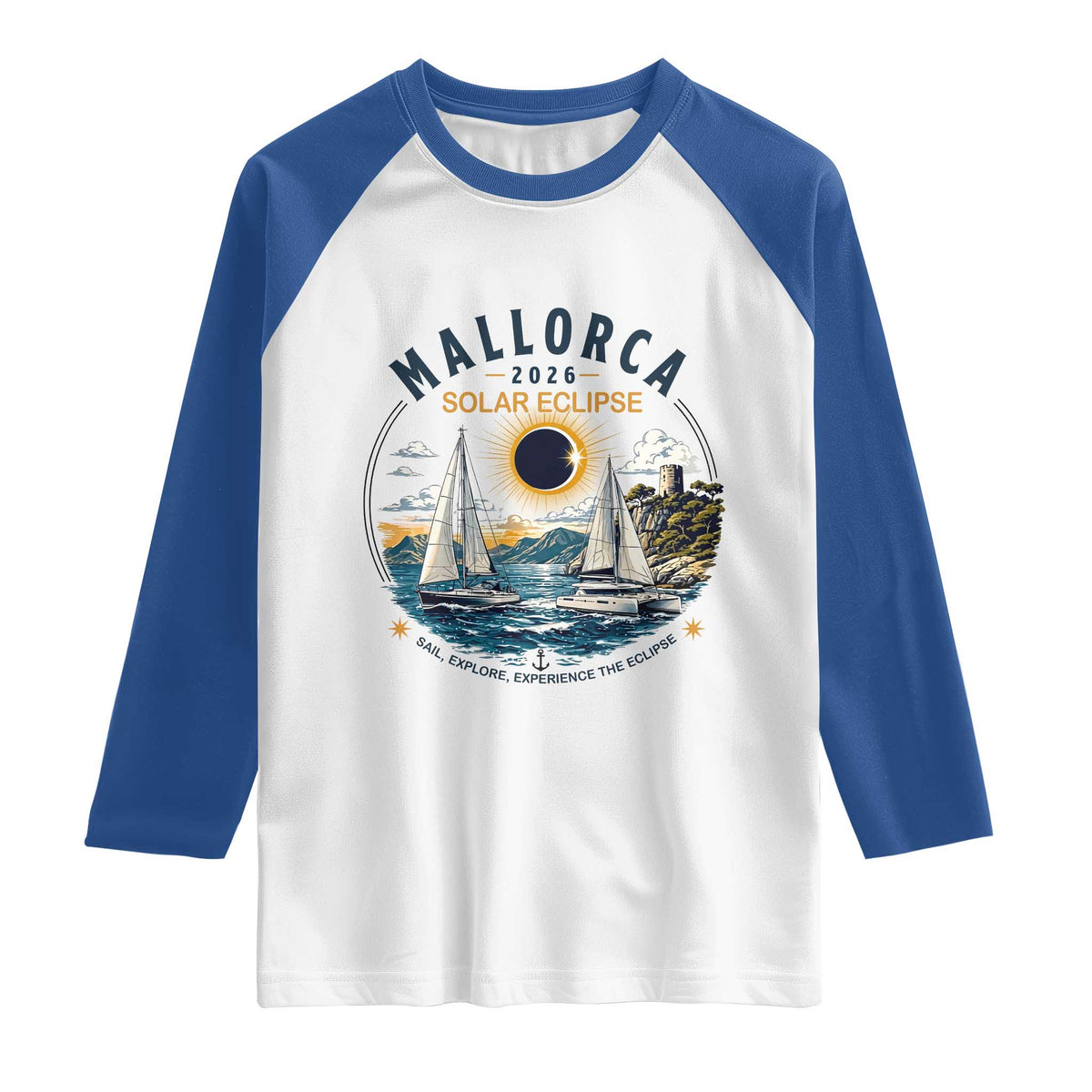 Mallorca Spain 2026 Total Solar Eclipse Raglan Shirt Sailing Cruise Totality Sail Explore Experience Travel Souvenir
