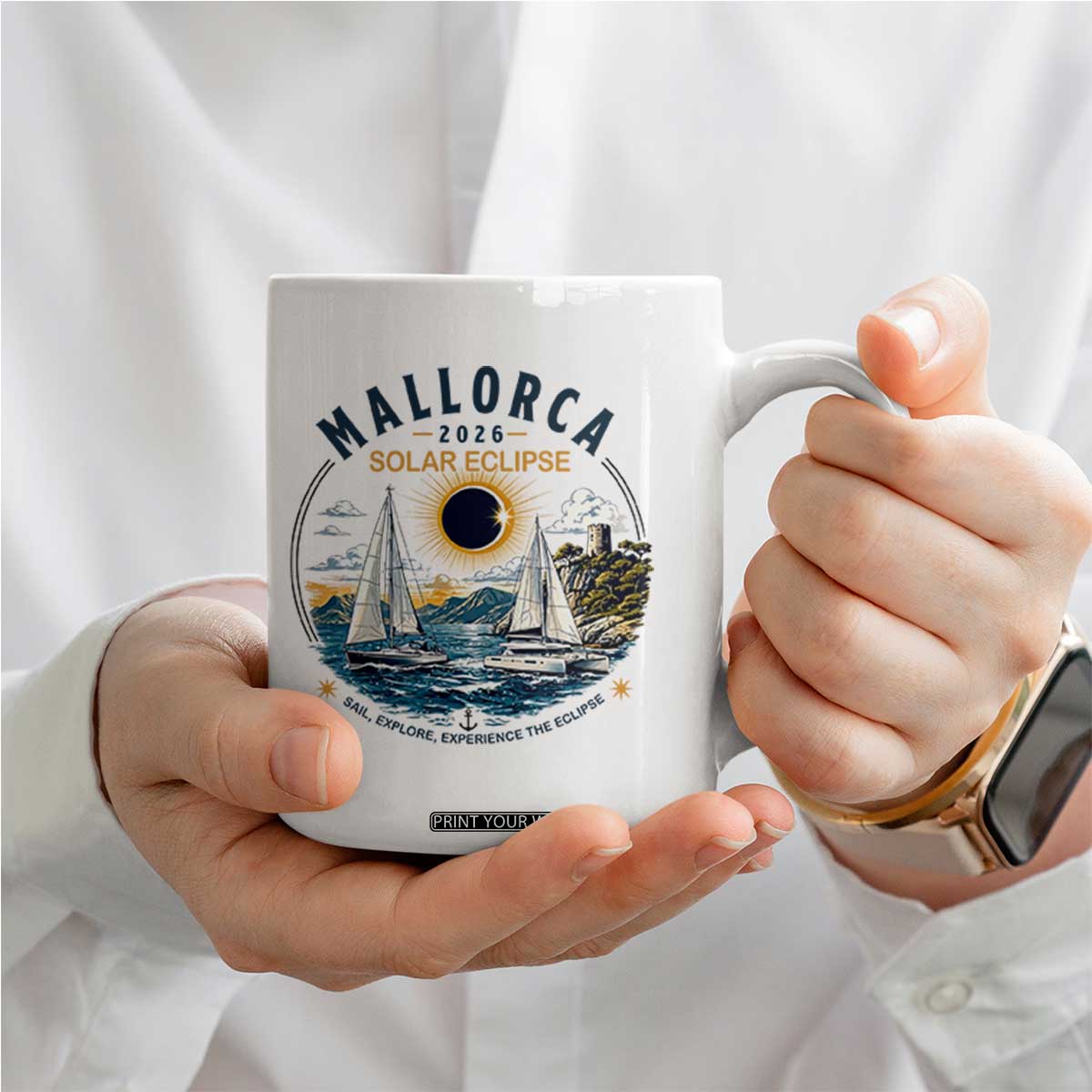 Mallorca Spain 2026 Total Solar Eclipse Coffee Mug Sailing Cruise Totality Sail Explore Experience Travel Souvenir