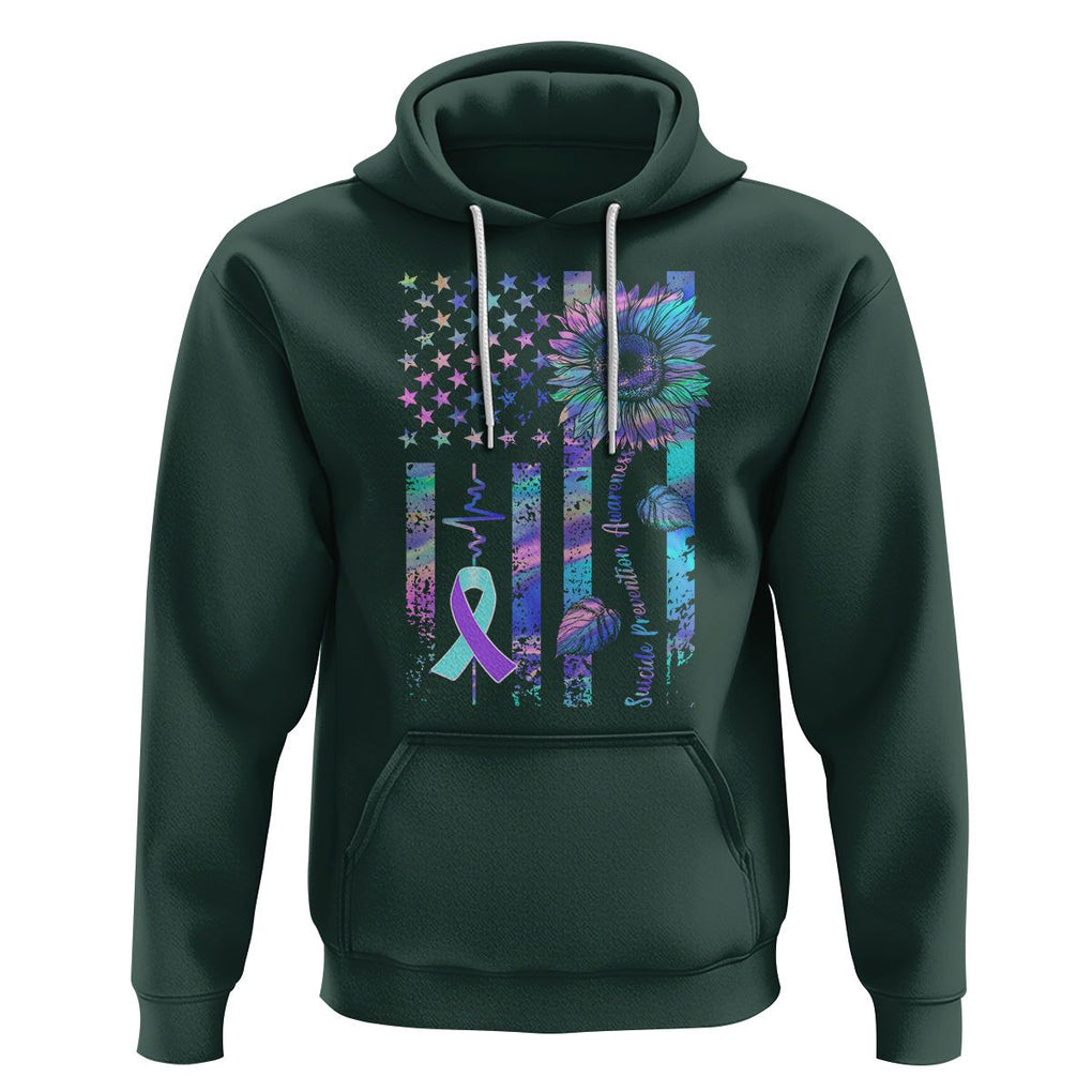 Suicide Prevention Awareness Hoodie Support Squad Teal And Purple American Flag Sunflower TS02 Dark Forest Green Printyourwear