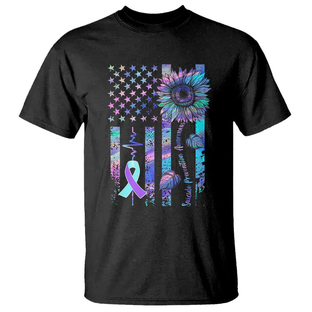 Suicide Prevention Awareness T Shirt - Support Squad Teal Purple American Flag Sunflower Tee TS02 Black Printyourwear
