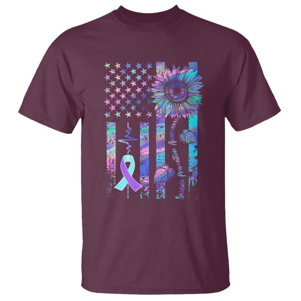 Suicide Prevention Awareness T Shirt - Support Squad Teal Purple American Flag Sunflower Tee TS02 Maroon Printyourwear