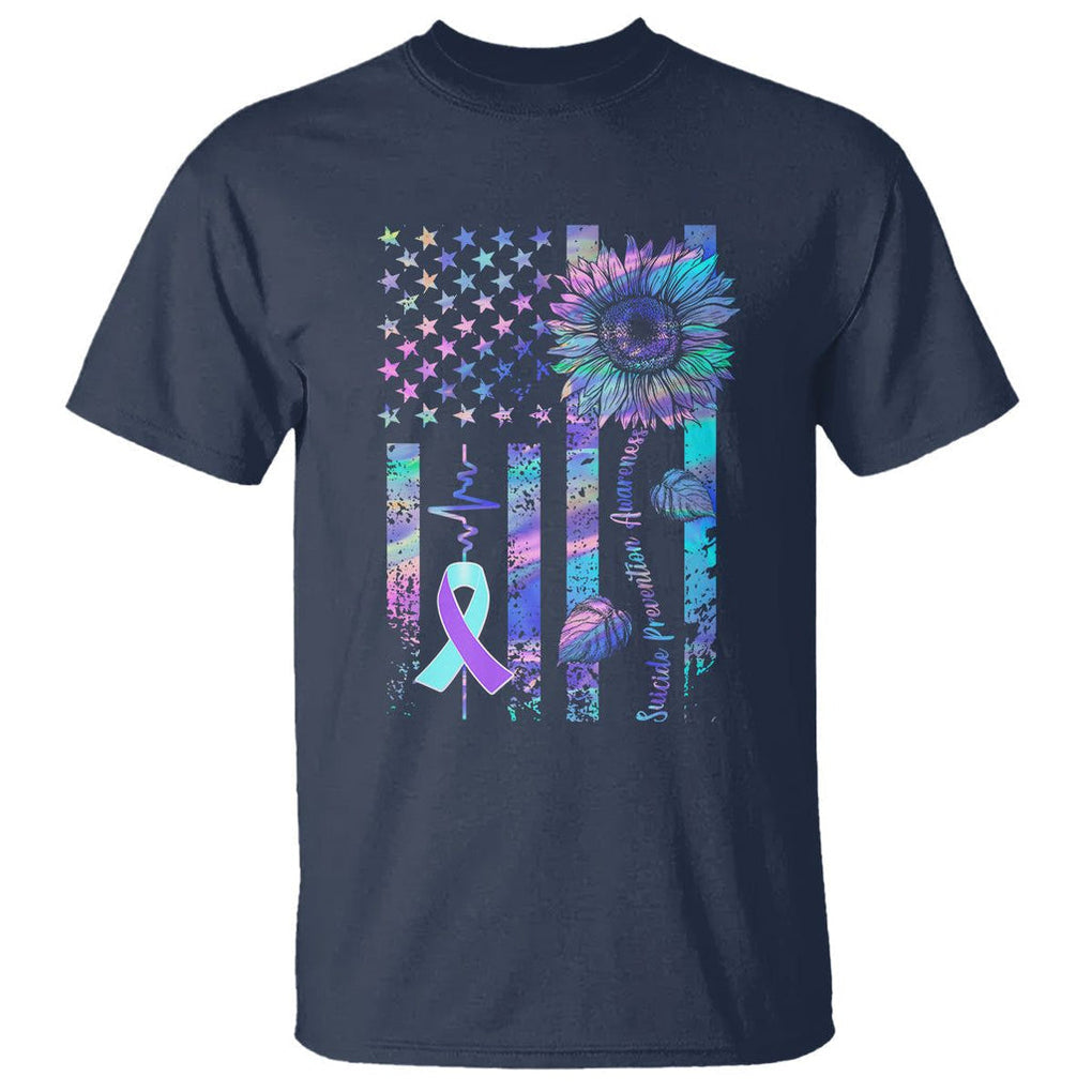 Suicide Prevention Awareness T Shirt - Support Squad Teal Purple American Flag Sunflower Tee TS02 Navy Printyourwear