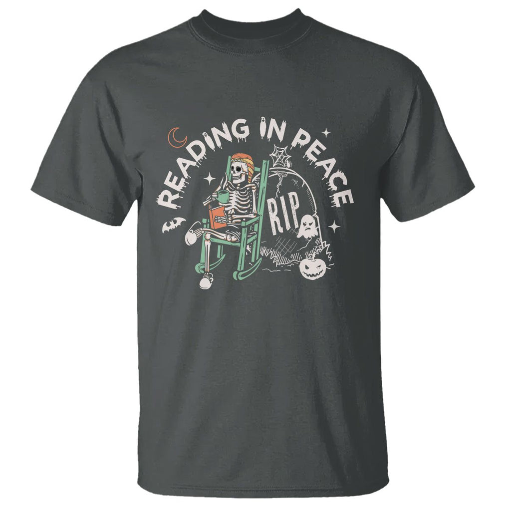 Reading Skeleton T Shirt RIP Reading In Peace Book Lover Spooky Vibe TS02 Dark Heather Printyourwear