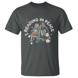 Reading Skeleton T Shirt RIP Reading In Peace Book Lover Spooky Vibe TS02 Dark Heather Printyourwear