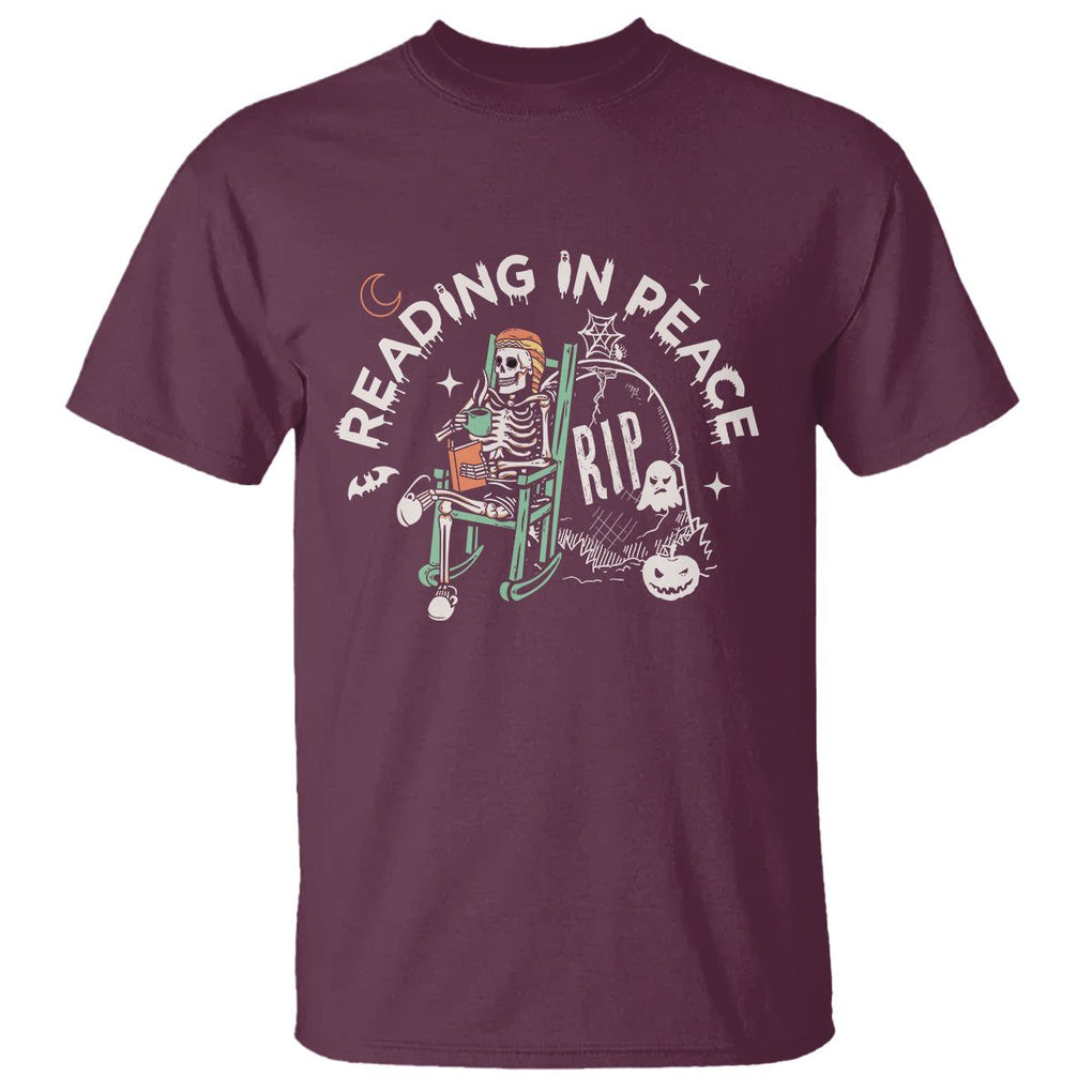 Reading Skeleton T Shirt RIP Reading In Peace Book Lover Spooky Vibe TS02 Maroon Printyourwear