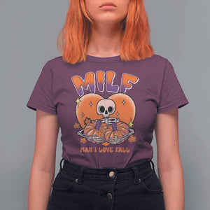 Fall Vibes T Shirt For Women MILF Man I Love Fall Funny Spooky Skeleton Pumpkin Halloween TS02 Maroon Print Your Wear