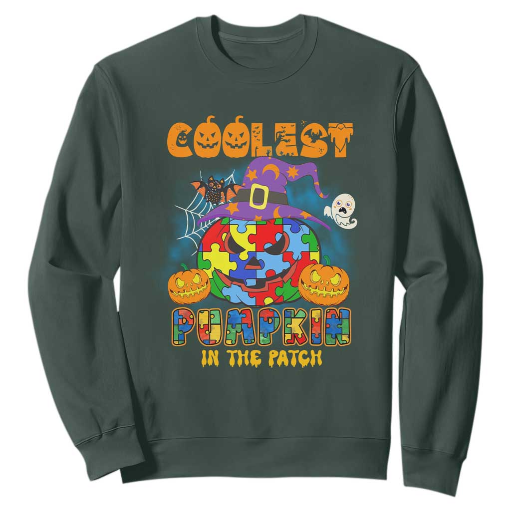 Autism Pumpkin Sweatshirt Coolest Pumpkin In The Patch Puzzle Piece Halloween TS02 Dark Forest Green Printyourwear