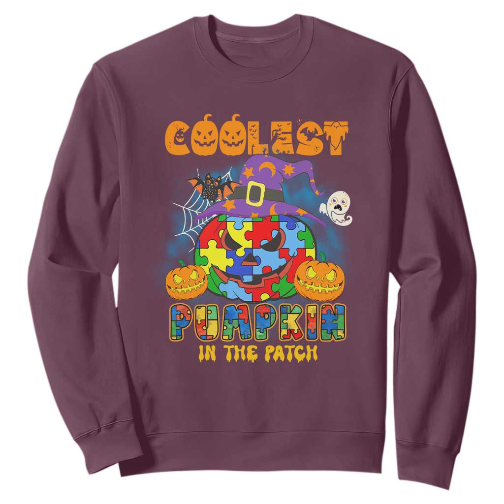 Autism Pumpkin Sweatshirt Coolest Pumpkin In The Patch Puzzle Piece Halloween TS02 Maroon Printyourwear