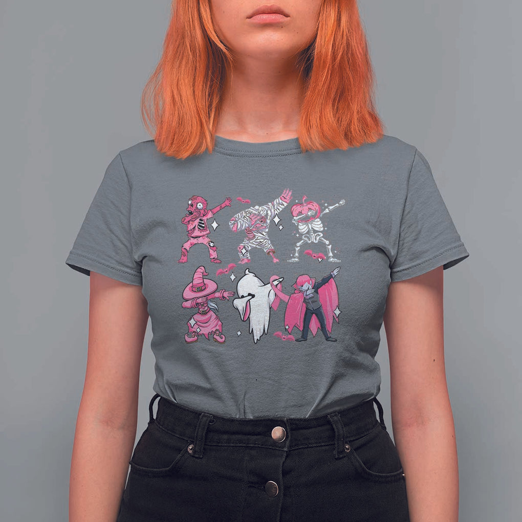 Halloween Breast Cancer T Shirt For Women Dabbing Skeleton Zombie Pink Ribbon TS02 Charcoal Print Your Wear