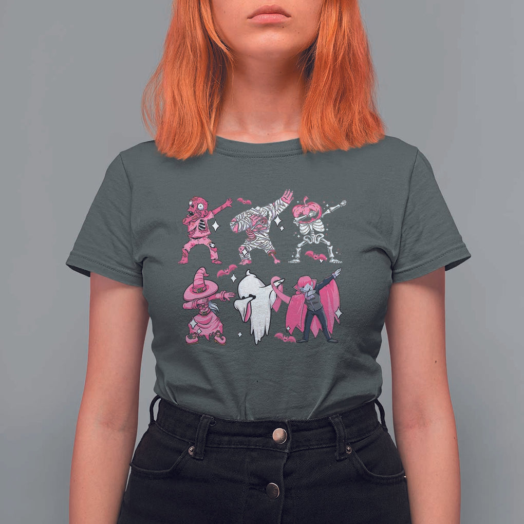 Halloween Breast Cancer T Shirt For Women Dabbing Skeleton Zombie Pink Ribbon TS02 Dark Heather Print Your Wear