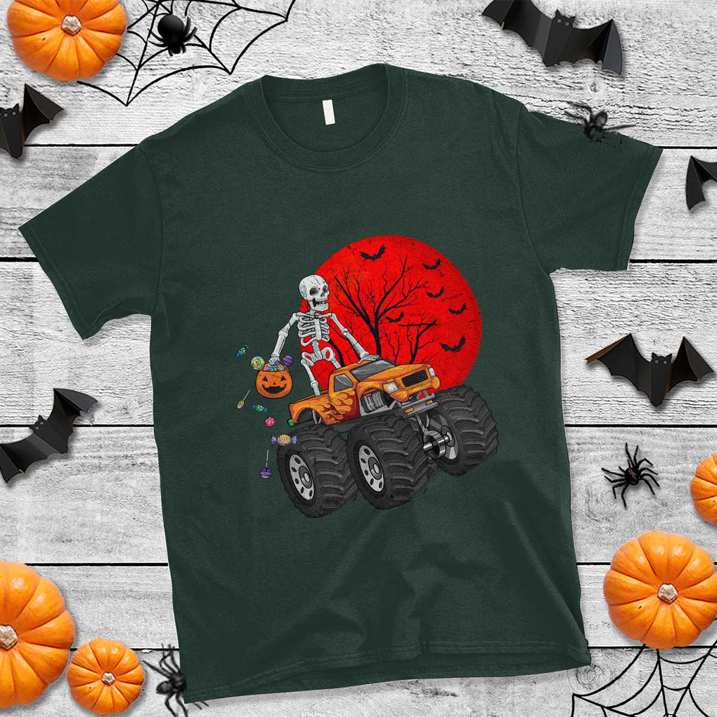Halloween Skeleton T Shirt Skeleton Riding Monster Truck Candy Funny Scary Pumpkin TS02 Dark Forest Green Print Your Wear