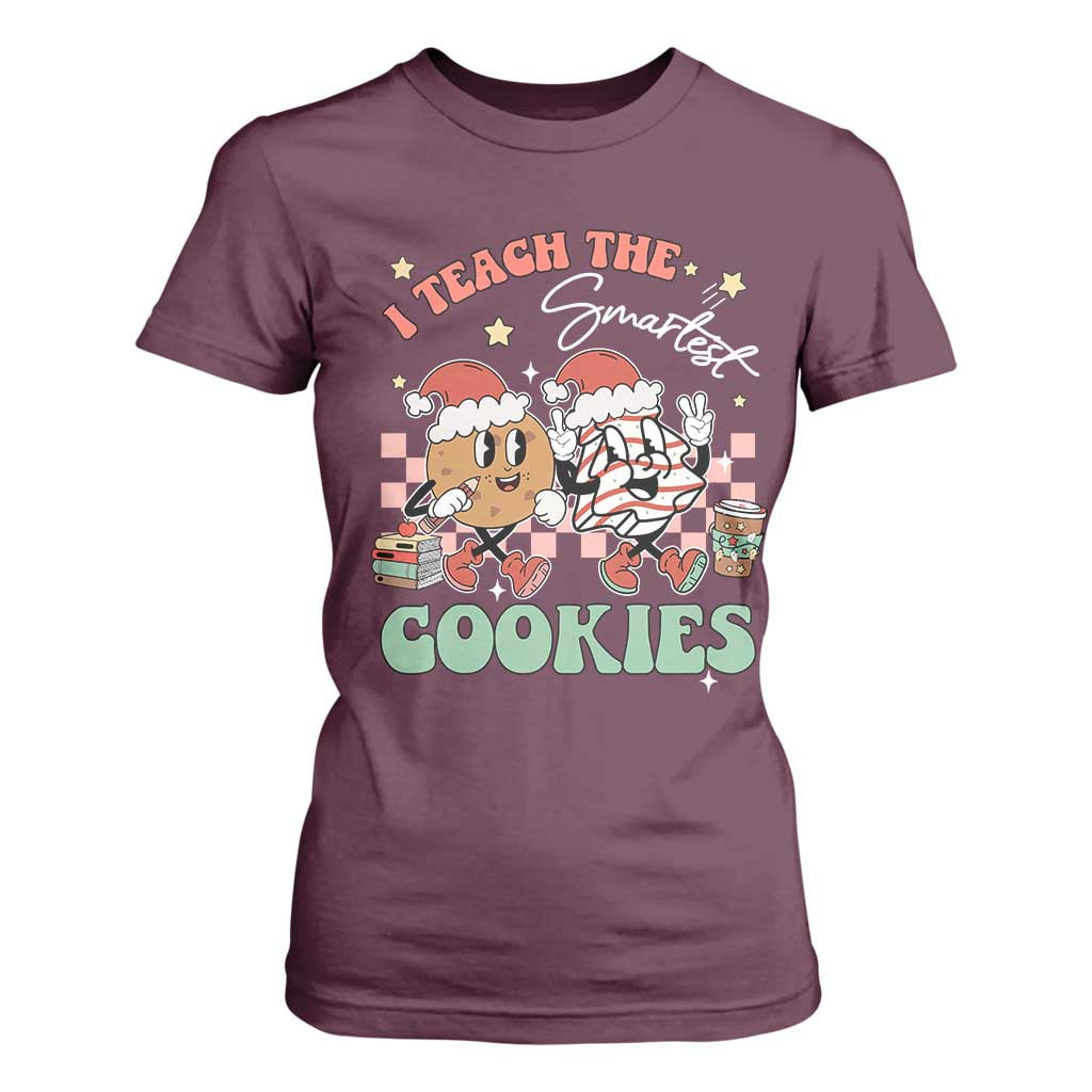 Teacher Christmas T Shirt For Women I Teach The Smartest Cookies Retro Groovy Xmas Tree Cookies TS02 Maroon Print Your Wear