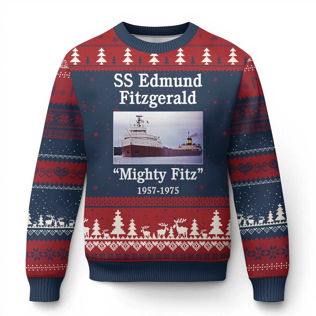 SS Edmund Fitzgerald Mighty Fitz Tribute Ugly Christmas Sweater Great Lakes Shipwreck Memorial TS02 Navy Red Print Your Wear