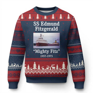 SS Edmund Fitzgerald Mighty Fitz Tribute Ugly Christmas Sweater Great Lakes Shipwreck Memorial TS02 Navy Red Print Your Wear