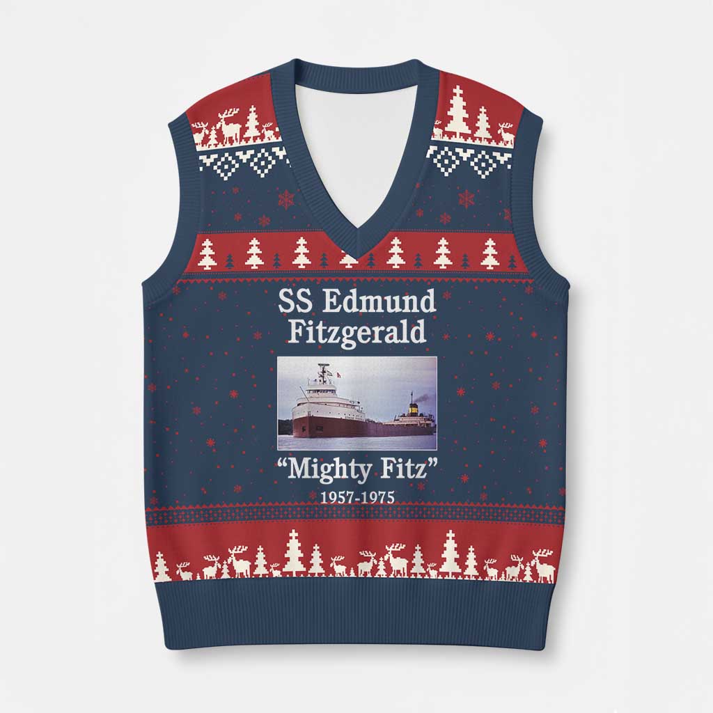 SS Edmund Fitzgerald Mighty Fitz Tribute V-Neck Knit Sweater Vest Great Lakes Shipwreck Memorial TS02 Navy Red Print Your Wear