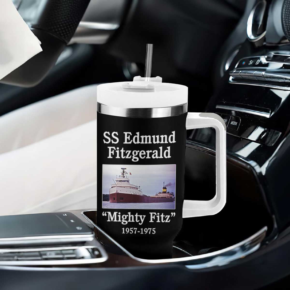 SS Edmund Fitzgerald Mighty Fitz Tribute Tumbler With Handle Great Lakes Shipwreck Memorial TS02 Print Your Wear