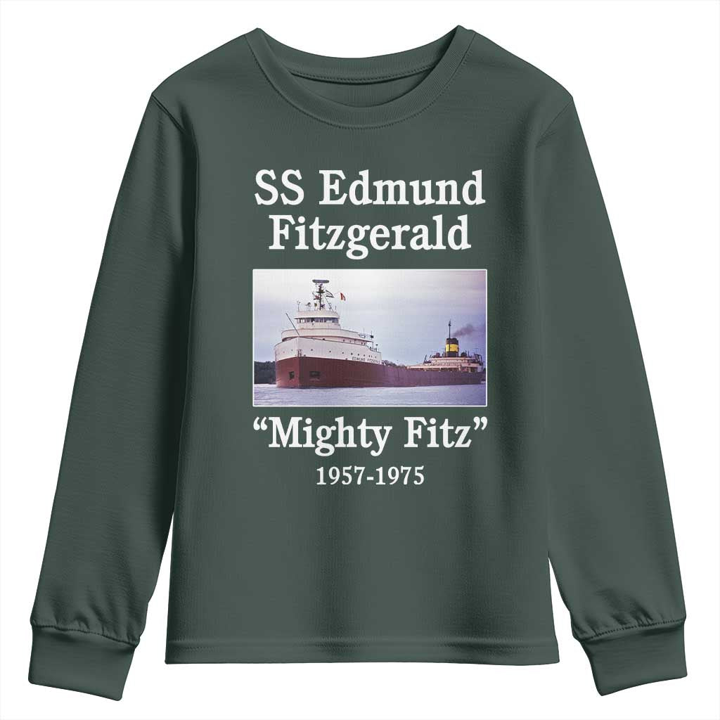 SS Edmund Fitzgerald Mighty Fitz Tribute Youth Sweatshirt Great Lakes Shipwreck Memorial TS02 Dark Forest Green Print Your Wear