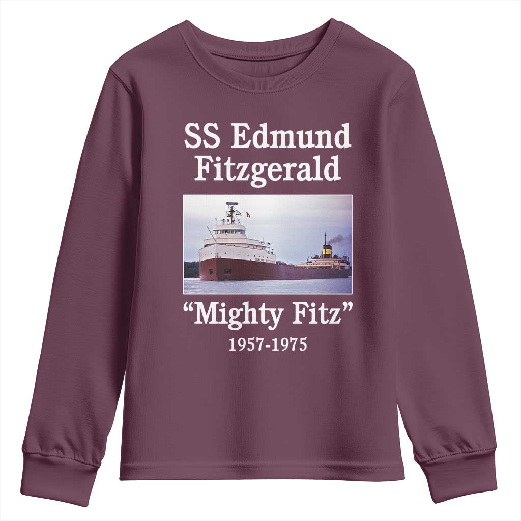 SS Edmund Fitzgerald Mighty Fitz Tribute Youth Sweatshirt Great Lakes Shipwreck Memorial TS02 Maroon Print Your Wear
