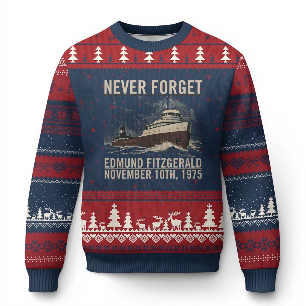 Never Forget Edmund Fitzgerald Tribute Ugly Christmas Sweater November 10 1975 Shipwreck Memorial TS02 Navy Red Print Your Wear