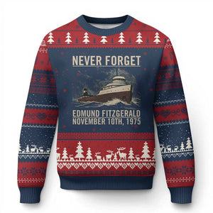 Never Forget Edmund Fitzgerald Tribute Ugly Christmas Sweater November 10 1975 Shipwreck Memorial TS02 Navy Red Print Your Wear