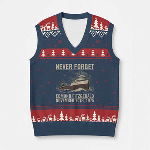 Never Forget Edmund Fitzgerald Tribute V-Neck Knit Sweater Vest November 10 1975 Shipwreck Memorial TS02 Navy Red Print Your Wear