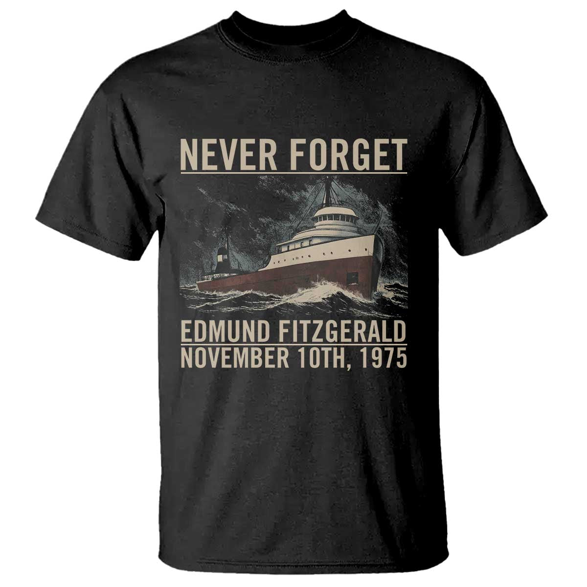 Never Forget Edmund Fitzgerald T Shirt - November 10 1975 Shipwreck Memorial Tribute Tee TS02 Black Print Your Wear