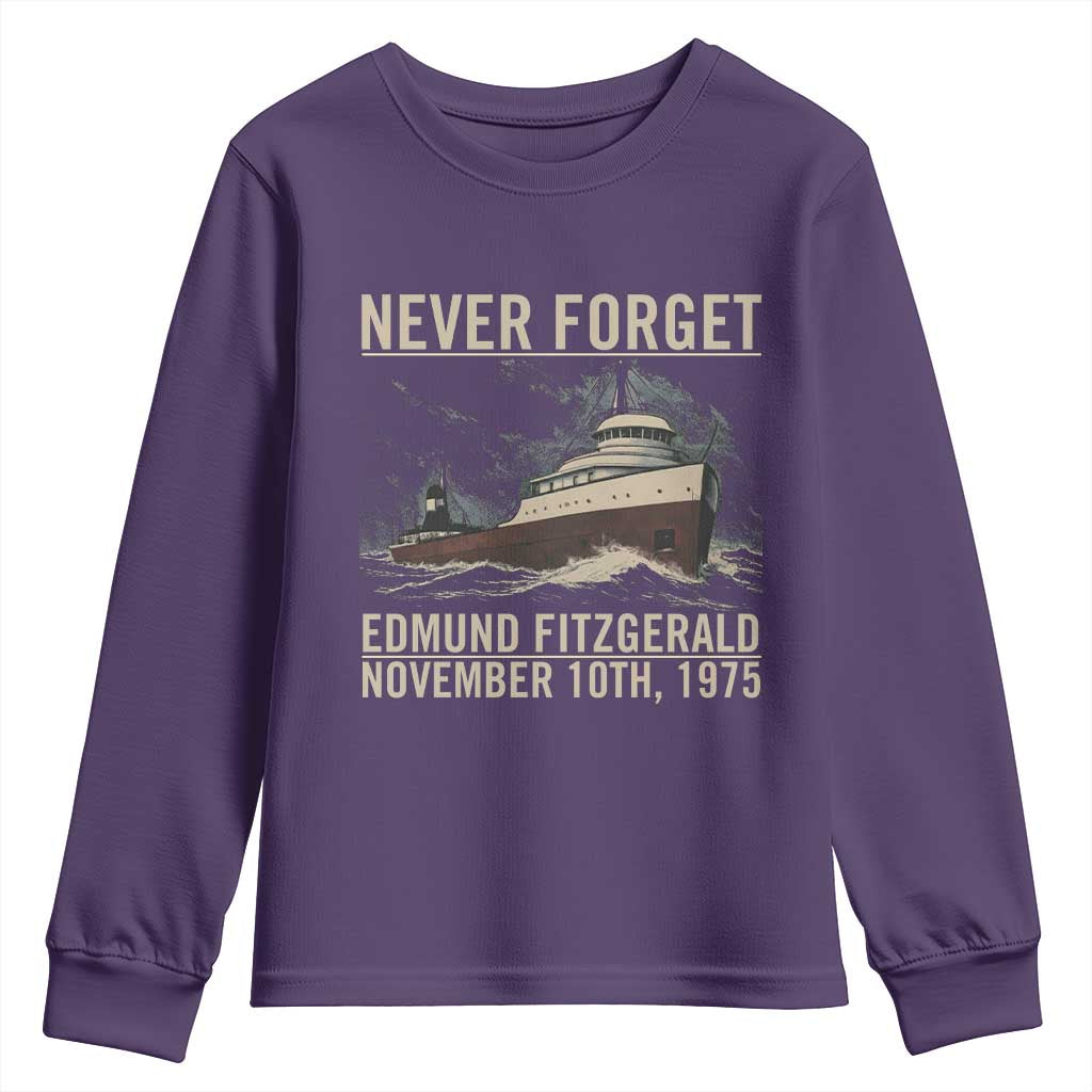 Never Forget Edmund Fitzgerald Tribute Youth Sweatshirt November 10 1975 Shipwreck Memorial TS02 Purple Print Your Wear