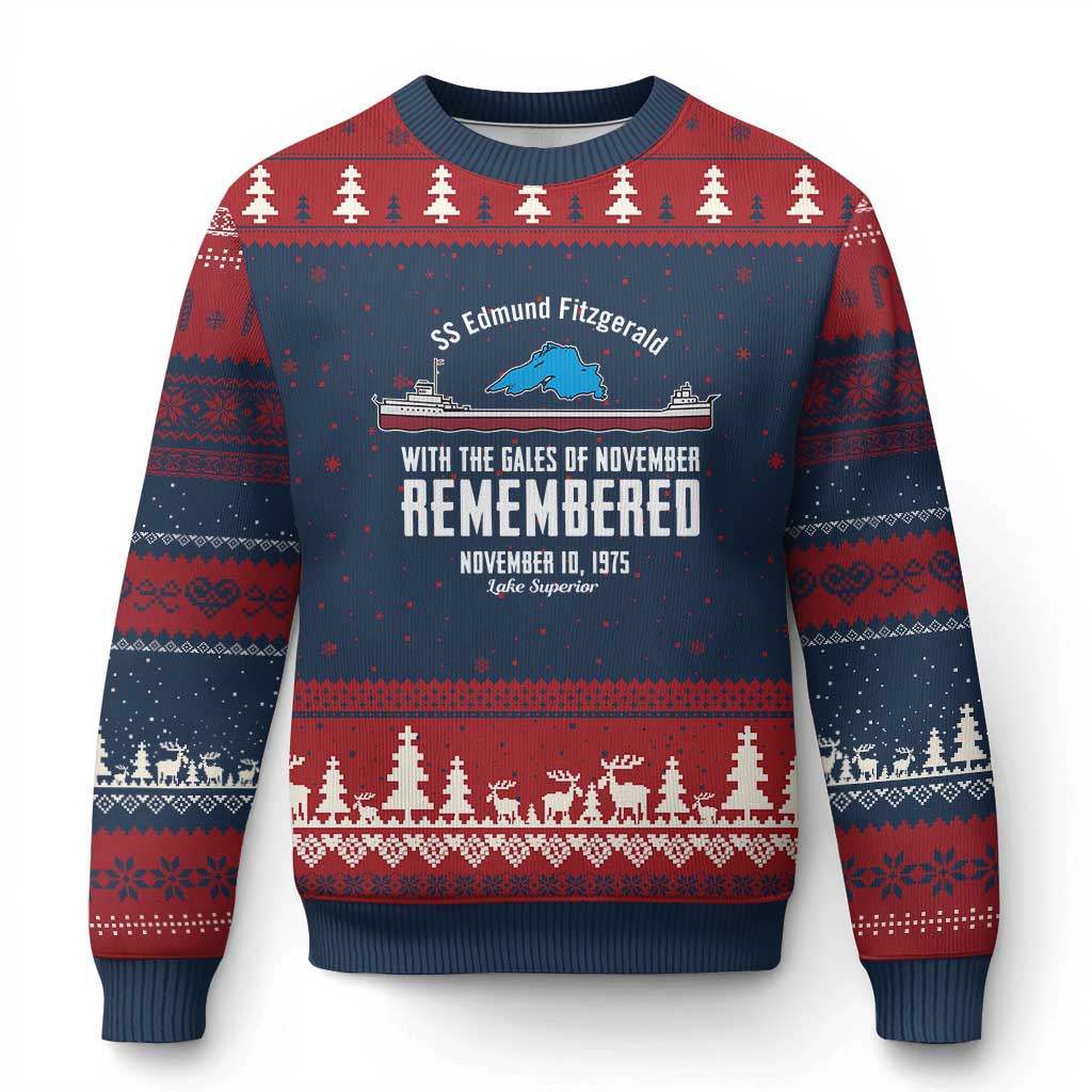 SS Edmund Fitzgerald Gales of November Tribute Ugly Christmas Sweater Lake Superior Shipwreck Memorial - Print Your Wear