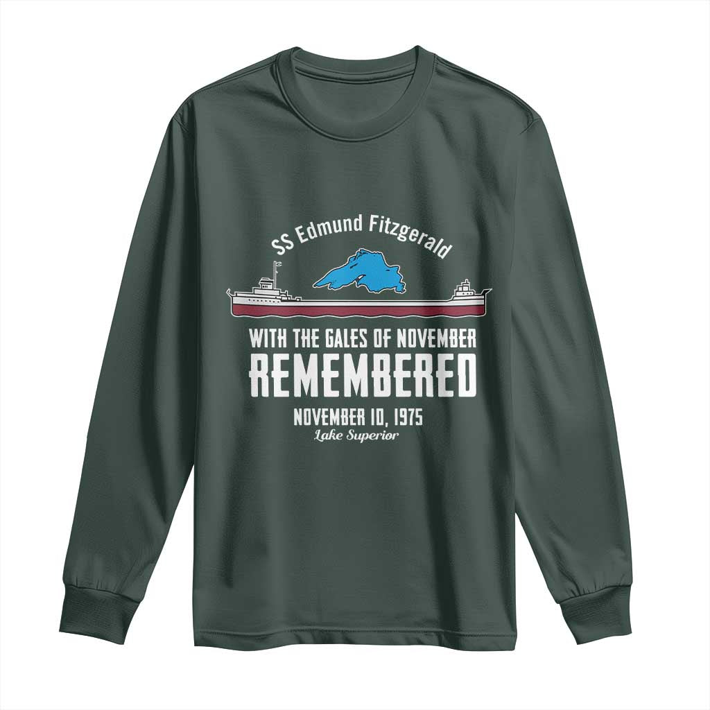SS Edmund Fitzgerald Gales of November Tribute Long Sleeve Shirt Lake Superior Shipwreck Memorial TS02 Dark Forest Green Print Your Wear
