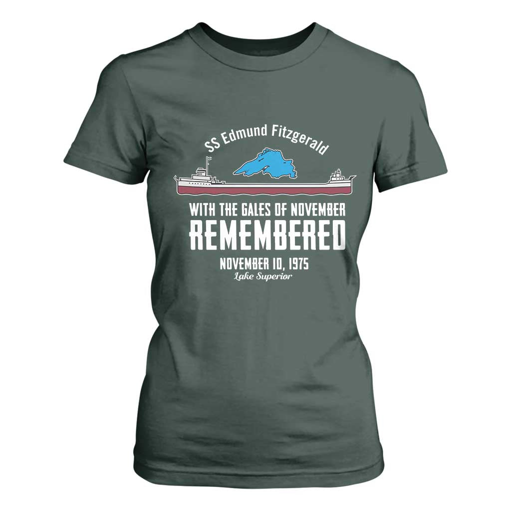 SS Edmund Fitzgerald Gales of November Tribute T Shirt For Women Lake Superior Shipwreck Memorial TS02 Dark Forest Green Print Your Wear