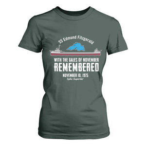 SS Edmund Fitzgerald Gales of November Tribute T Shirt For Women Lake Superior Shipwreck Memorial TS02 Dark Forest Green Print Your Wear