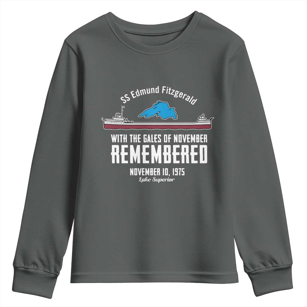 SS Edmund Fitzgerald Gales of November Tribute Youth Sweatshirt Lake Superior Shipwreck Memorial TS02 Dark Heather Print Your Wear