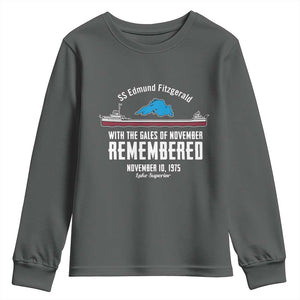 SS Edmund Fitzgerald Gales of November Tribute Youth Sweatshirt Lake Superior Shipwreck Memorial TS02 Dark Heather Print Your Wear