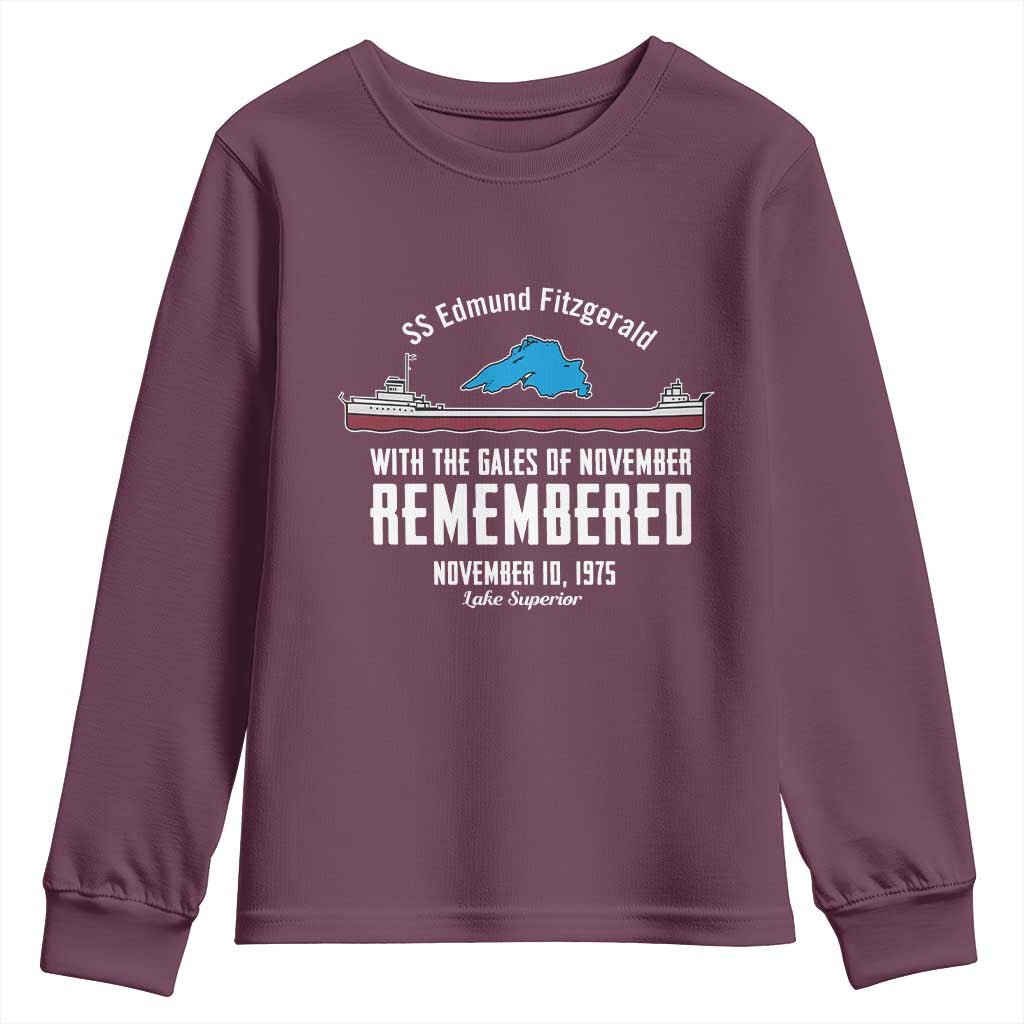 SS Edmund Fitzgerald Gales of November Tribute Youth Sweatshirt Lake Superior Shipwreck Memorial TS02 Maroon Print Your Wear