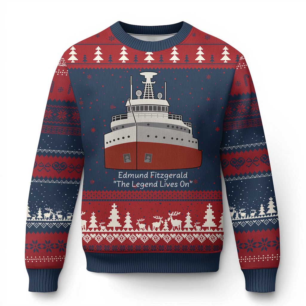 Edmund Fitzgerald Tribute – Ugly Christmas Sweater – The Legend Lives On Great Lakes Memorial TS02 Navy Red Print Your Wear
